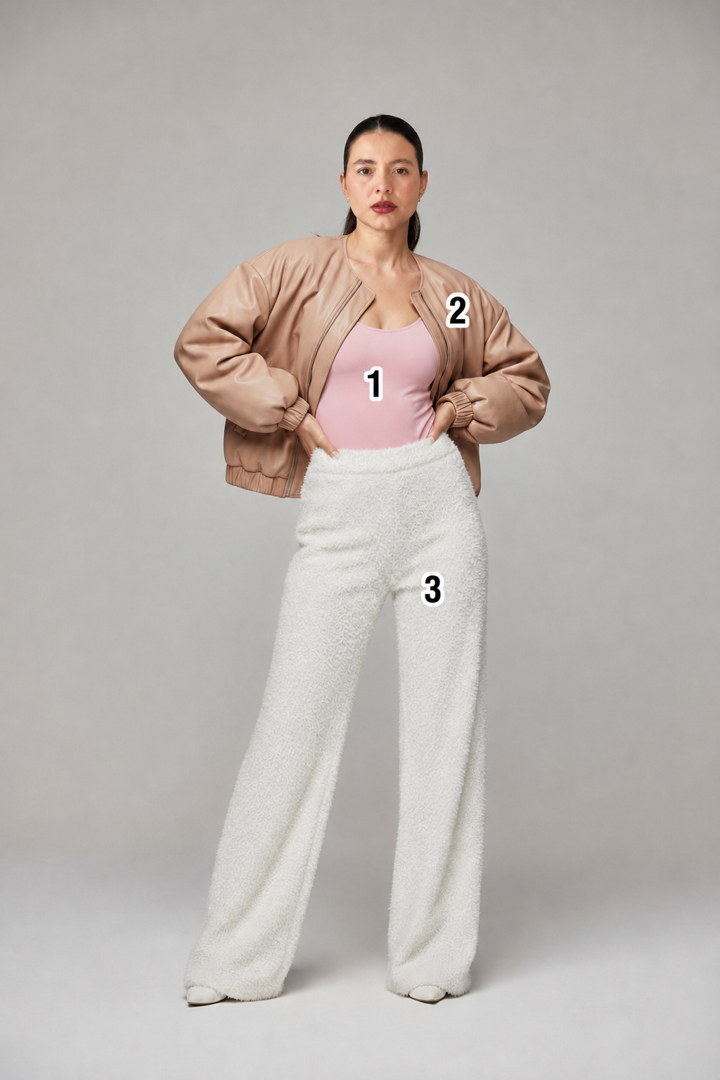 Conjunto Body basis + Chaqueta globo cuero + Pantalon boa